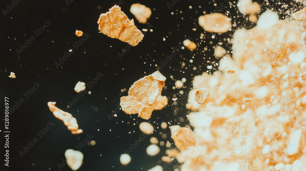Poster falling oat bread crumbs in light with dramatic motion for baking and food concepts