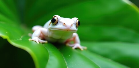 Naklejka premium White albino frog peeking from behind a large leaf, large leaf, white