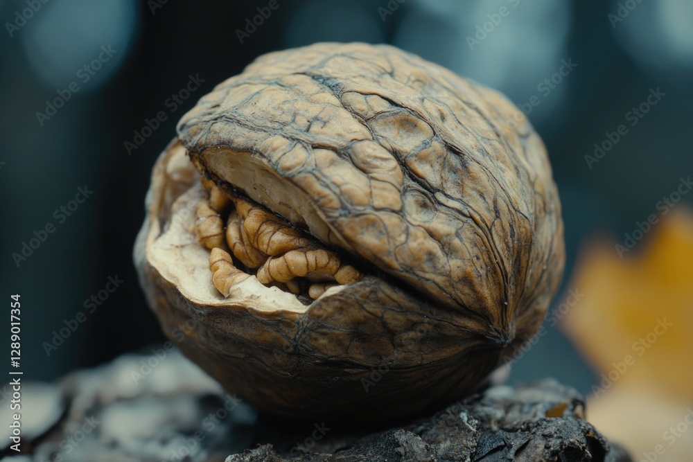Poster a close-up view of a walnut sitting on a decaying tree stump