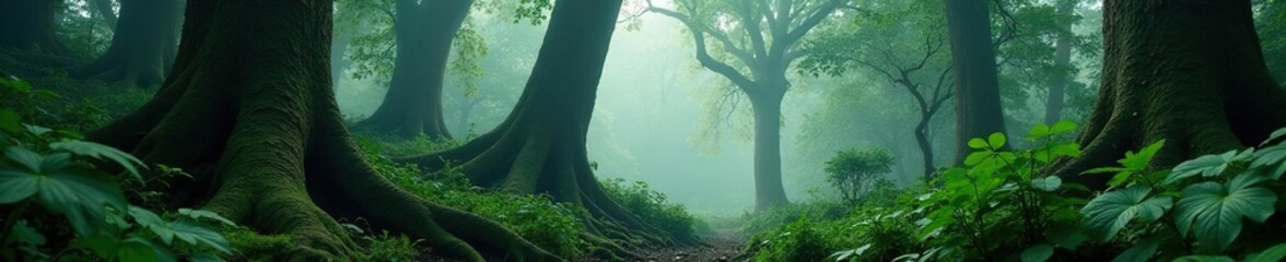 Fototapeta premium Dense foliage surrounds ancient tree trunks in misty jungle atmosphere, forest, dense