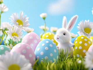 Fototapeta premium Cute bunny among colorful Easter eggs and daisies.