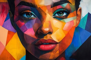 Geometric Portrait of a Woman - A vibrant, modern art piece depicting a woman's face, symbolized by geometric shapes, bold colors, strong features, intense gaze, and artistic expression