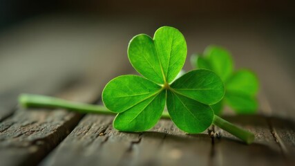 green shamrock on wooden surface. lucky symbol of st. patrick's day. vibrant foliage with detailed texture. springtime celebration. nature, greeting card with copy space, background.