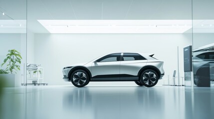 A car showroom displaying an electric crossover. Featuring modern design and eco-friendly technology