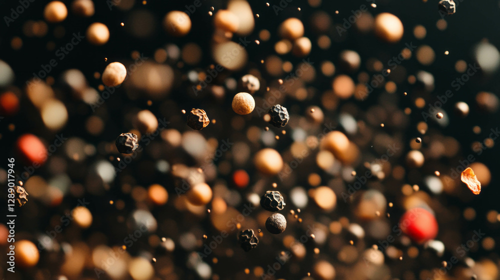 Poster dynamic culinary aromatics with falling peppercorns for spice composition