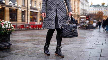 Fototapeta premium Woman in grey dress and quilted coat walks on city street, highlighting her stylish black boots and handbag on a chilly day
