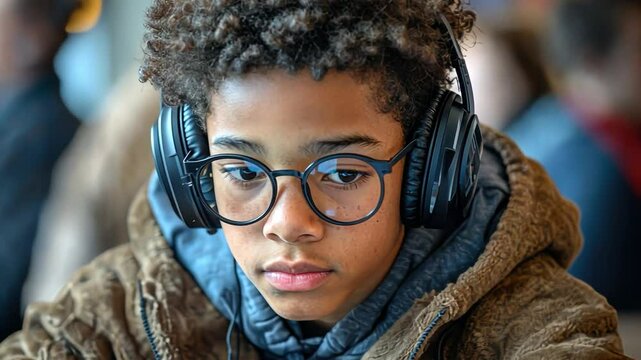 Focused Young Listener: A close-up shot of a young person with headphones, eyes fixed in concentration, captures the immersive experience of listening to music.