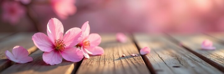 Delicate soft pink blossoms float on a wooden table's surface, quiet, serene, pink