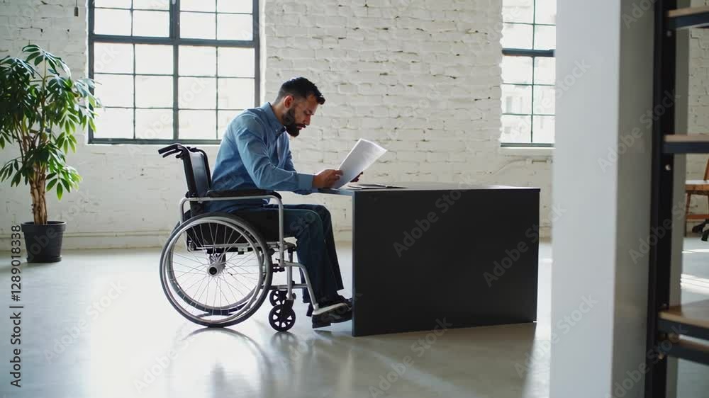 Poster professional worker navigating workplace with wheelchair, reading documents at modern desk, demonstr