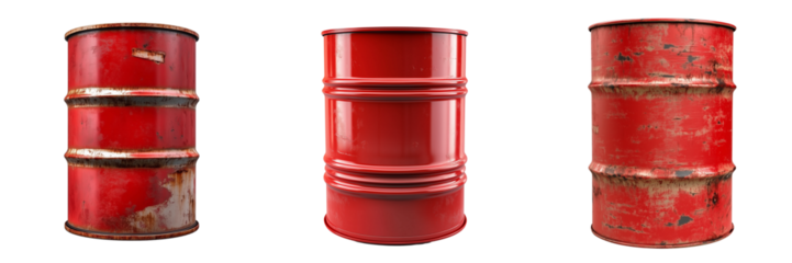 Set of Old and rusty oil barrel, with rust spots and wear marks, standing alone on a pristine on transparent png background. Ai generated