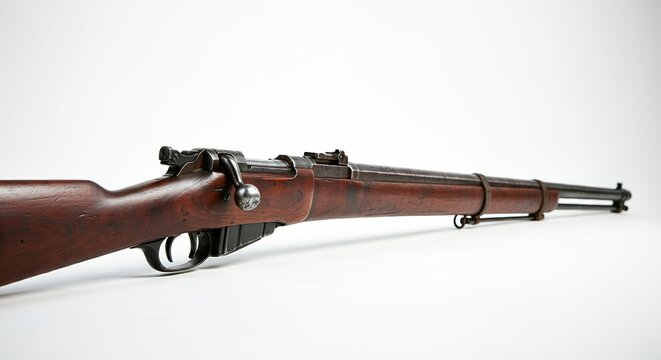 A wellpreserved antique French Lebel Model 1886 military rifle is shown. The wooden stock and metal barrel are visible, showcasing its age and craftsmanship.