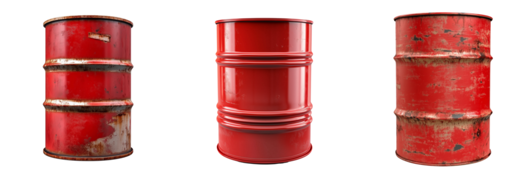Set of Old and rusty oil barrel, with rust spots and wear marks, standing alone on a pristine on transparent png background. Ai generated