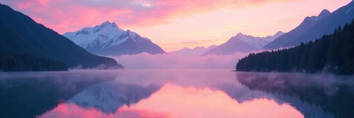 Fototapeta premium Soft pink hues fade over Chilkat River as morning light breaks through misty veil, Mountains, Haines Alaska, Nature