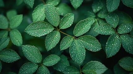 Obraz premium Dew-kissed leaves in a dense bush