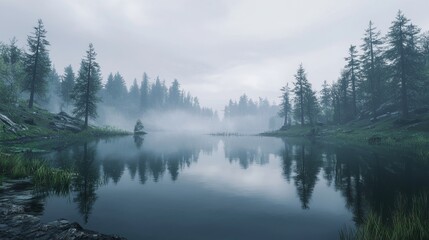 Fototapeta premium Serene Misty Landscape with Calm Lake Surrounded by Dense Pine Forest and Reflections on Water Surface at Dusk