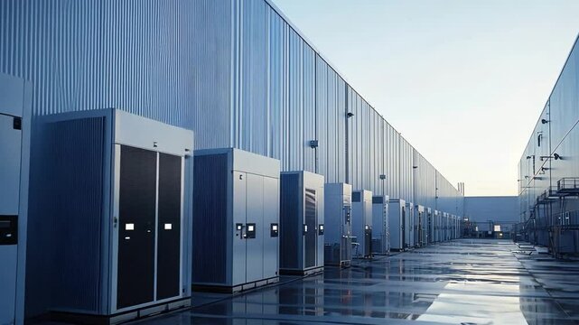 Modern Data Center: A state-of-the-art data center exterior, showcasing a clean, modern design with server racks and a structured architectural layout.