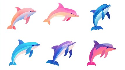 Naklejka premium Colorful Dolphins Jumping, Isolated on White