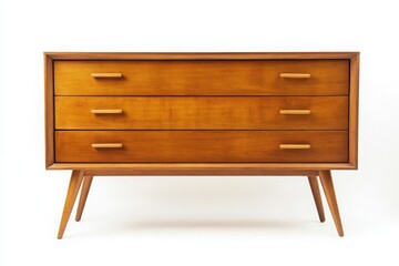 A mid-century modern dresser with tapered wooden legs, a light wood finish, and simple drawer handles, isolated on a white background