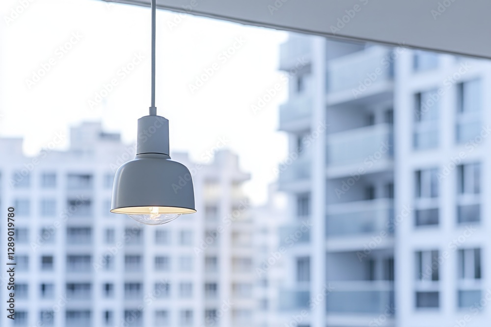 Poster a light hangs from the ceiling in front of a window, simple interior design