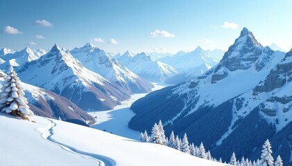 Snowy peaks and valleys in a serene alpine environment, nature, snowy