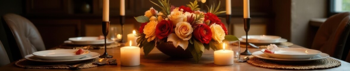 Fototapeta premium An elegant centerpieces with fall flowers and candles on a dining table, sophisticated, elegant, floral