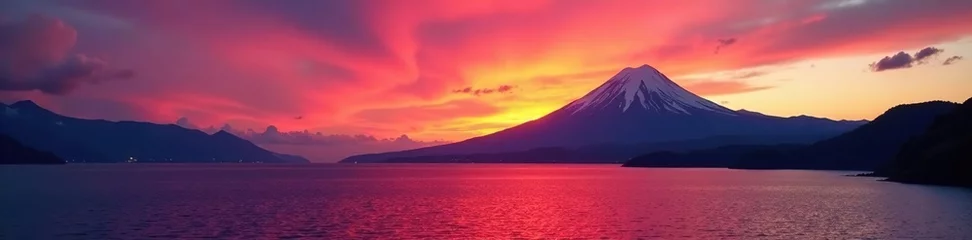 Gardinen Sunset over Lanin Volcano and the Andes mountains with Lake Villarrica in foreground, Lake, Reflections, Landscapes © Withun