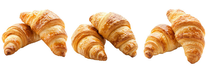 Set of Two croissants arranged in a stack with visible crisp layers and a slight shine from the butter on transparent png background. Ai generated