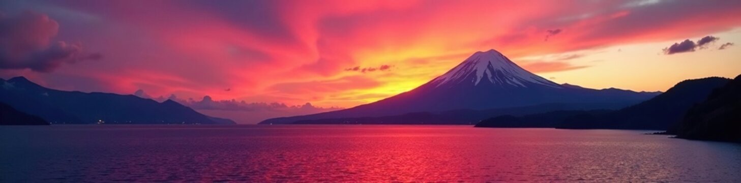 Sunset over Lanin Volcano and the Andes mountains with Lake Villarrica in foreground, Lake, Reflections, Landscapes
