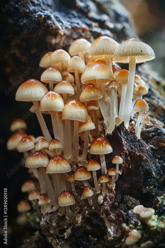 Poster close-up of mushrooms growing on a decaying tree stump in a forest