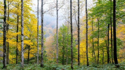 Fototapeta premium Autumn forest with birch trees, misty valley. Possible use Nature backdrop