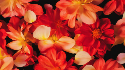 Vibrant background of falling red and yellow dahlia petals for floral design