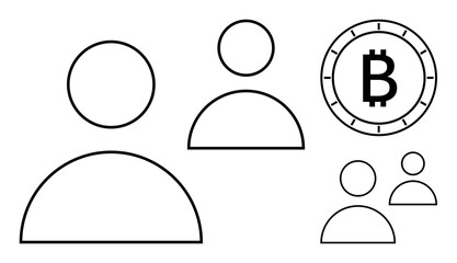 Outline icons of three people and Bitcoin symbol. Ideal for cryptocurrency, networking, digital transactions, community building, tech illustrations, economic discussions, investment topics. Line