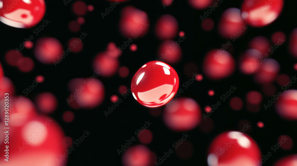 Poster falling red cherries against black background with subtle reflections