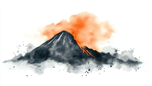 A watercolor cartoon of an erupting volcano in close-up, featuring flowing lava and magma against a white background