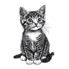 Fototapeta premium Hand drawn sketch of a cute kitten sitting with detailed fur and expressive eyes in monochrome style