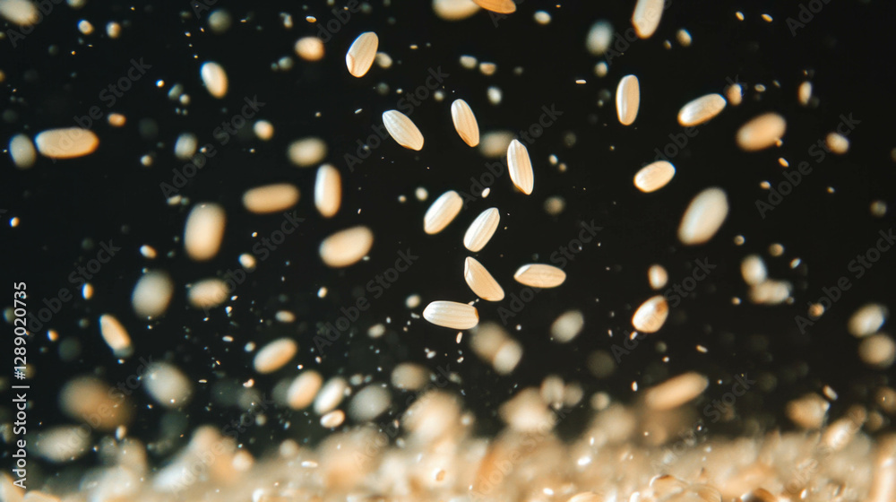 Poster Dynamic background of falling rice grains with motion blur effect