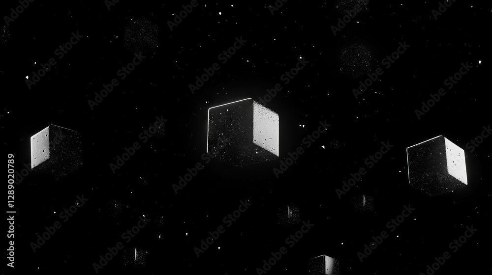 Poster Abstract design with falling rotating cubes on black background