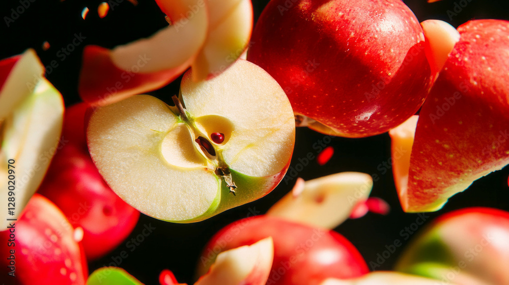 Poster fresh and vibrant background of falling sliced red and green apples for creative design