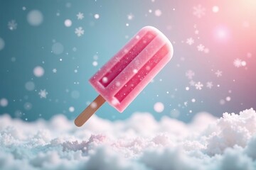 White and pink popsicles in mid-air on a metal stick amidst a sea of snowflakes, pink popsicle, fun