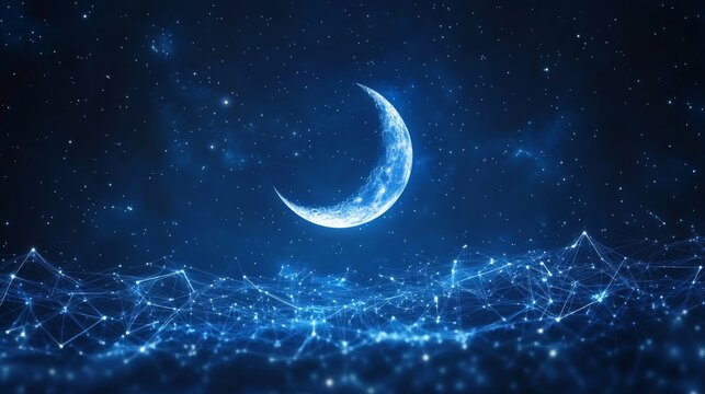 A futuristic, low-poly illustration of a glowing neon Ramadan moon on a starry night sky with a blue background, rendered as a 3D abstract wireframe grid. This dreamy and fantasy presentation