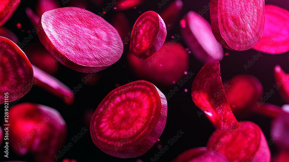 Poster Vibrant background of falling sliced beets in deep red for culinary design
