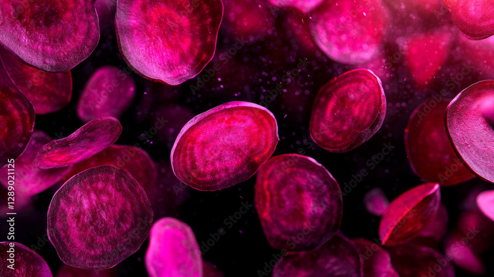 Poster vibrant falling sliced beets on deep red background for food art design