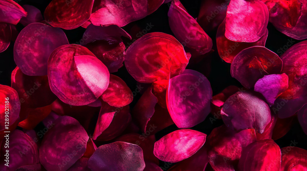 Poster vibrant sliced beets on deep red background for creative designs