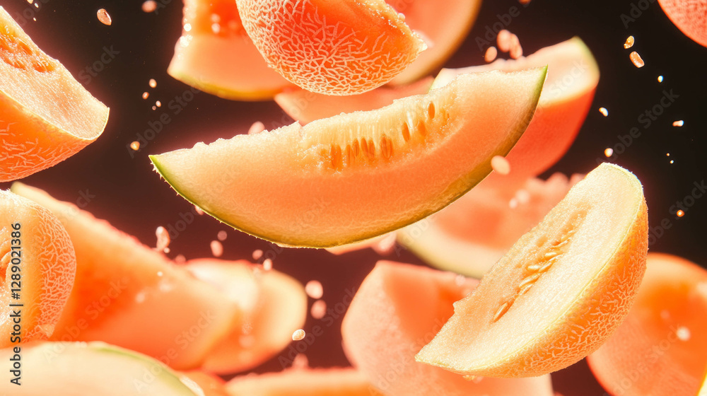 Aufkleber vibrant background of falling sliced cantaloupes and oranges for fresh summer design