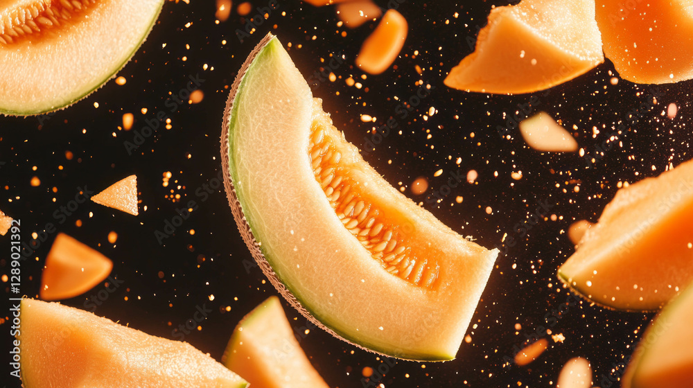 Poster dynamic background of falling sliced cantaloupes and orange fragments for creative designs