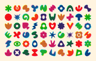 Collection of shapes risograph effect overlapping colors, riso prints vintage elements grunge style