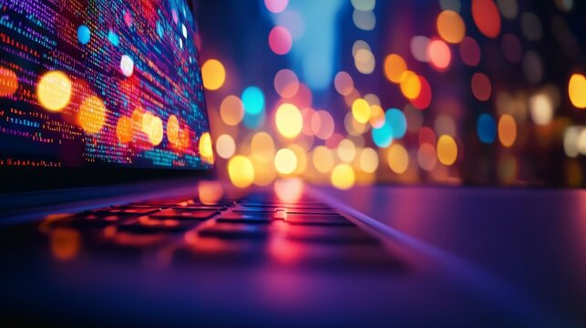 Neon-glowing purple background with abstract programming code displayed on a black laptop screen. Cyberspace coding technology in a digital network design illustration for a digital presentation