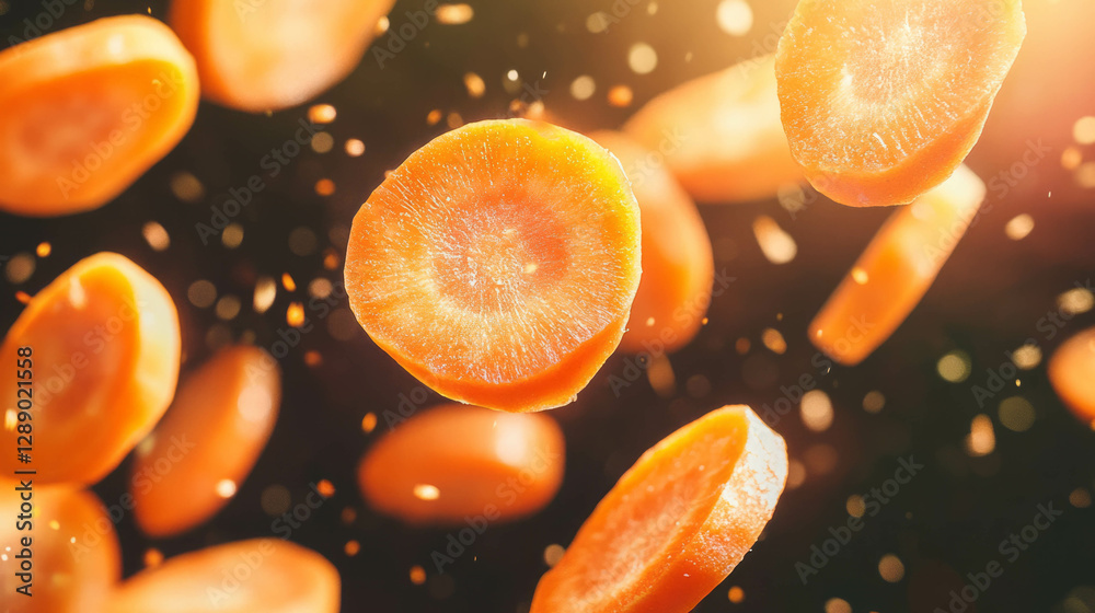 Poster fresh sliced carrots falling in soft orange glow - creative background design