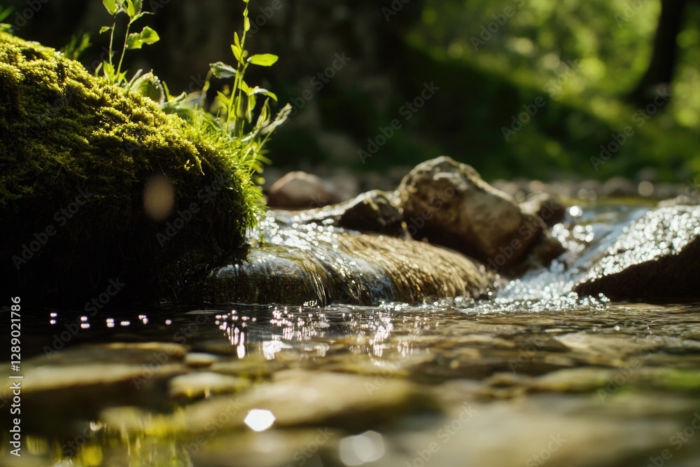Poster a serene and tranquil scene of a forest stream surrounded by lush greenery