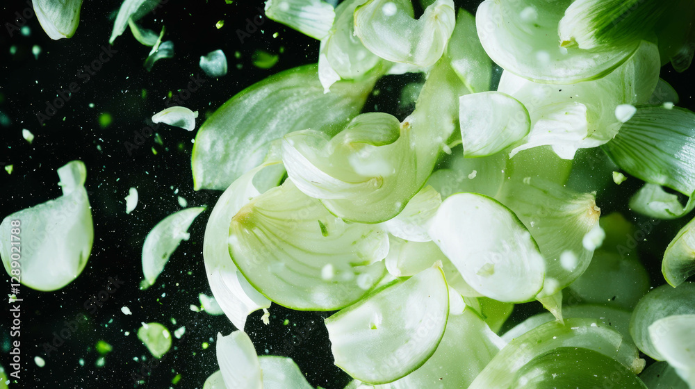 Poster dynamic background of falling sliced fennel bulbs in motion for culinary design